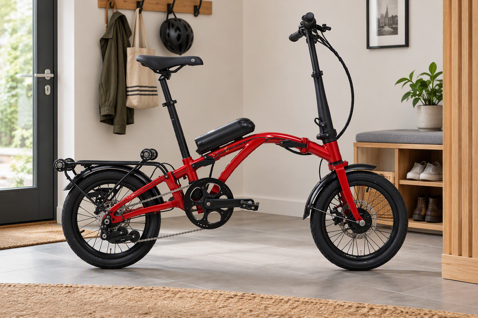 Aufgeklapptes Klapp-E-Bike in einer ruhigen Alltagsszene, mit sichtbar geführten Leitungen am Faltgelenk