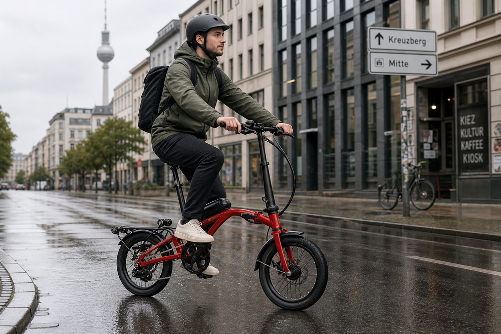 Faltbares E-Bike mit Fahrer auf einer nassen Stadtstraße, beide Hände an den Bremshebeln.