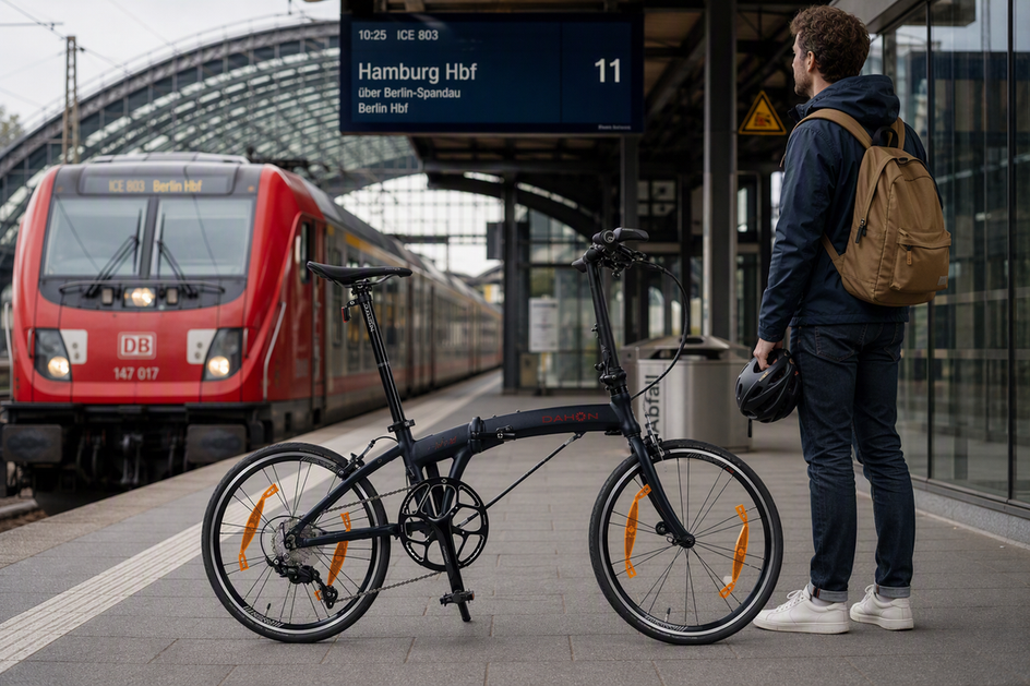 Das DAHON Mu Pro steht vollständig entfaltet an einer urbanen Bahnstation neben einem Pendler mit Fahrradtasche.