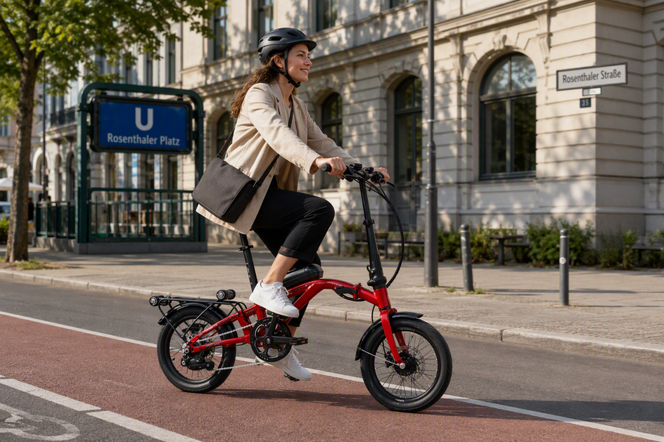 Kompaktes elektrisches Tiefeinsteiger-Faltrad auf einem urbanen Weg, daneben eine Pendlerin mit Arbeitstasche.