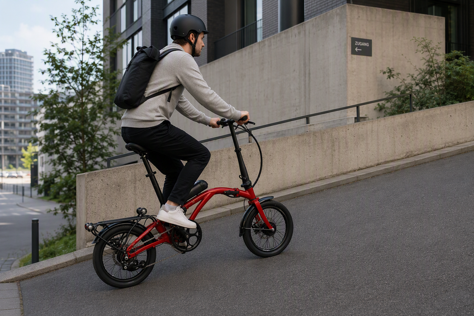 Ein kompaktes elektrisches Faltrad mit fahrender Person auf einer innerstädtischen Rampe.