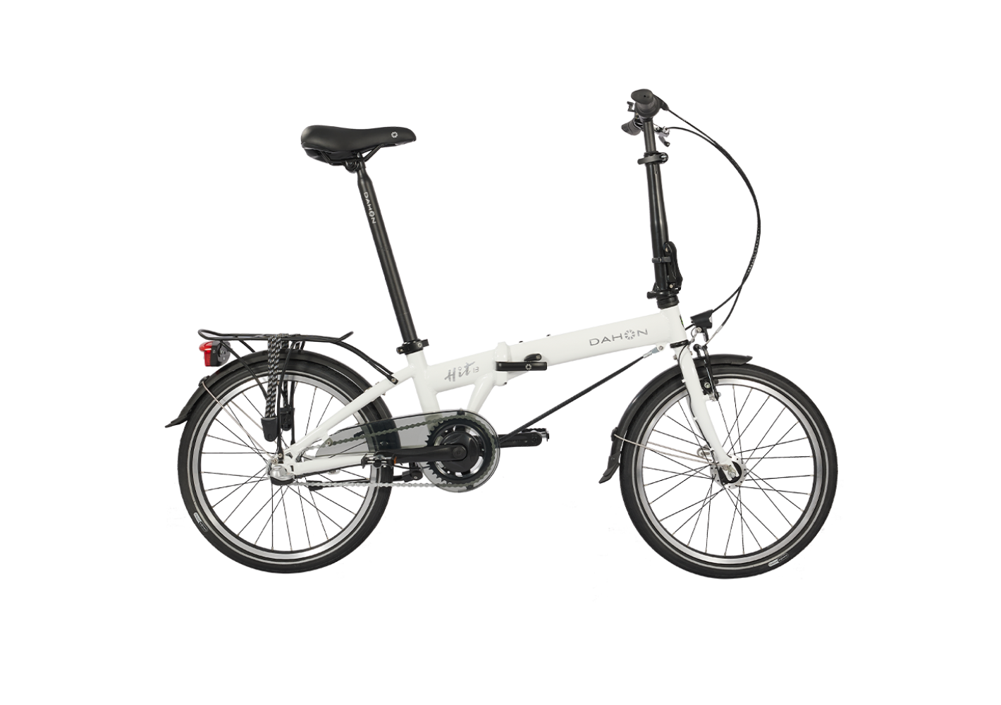 HIT i3 - White Dahon HIT i3 folding bike with black seat, handlebars, and tires. Features rear rack and fender. Ideal for urban rides.