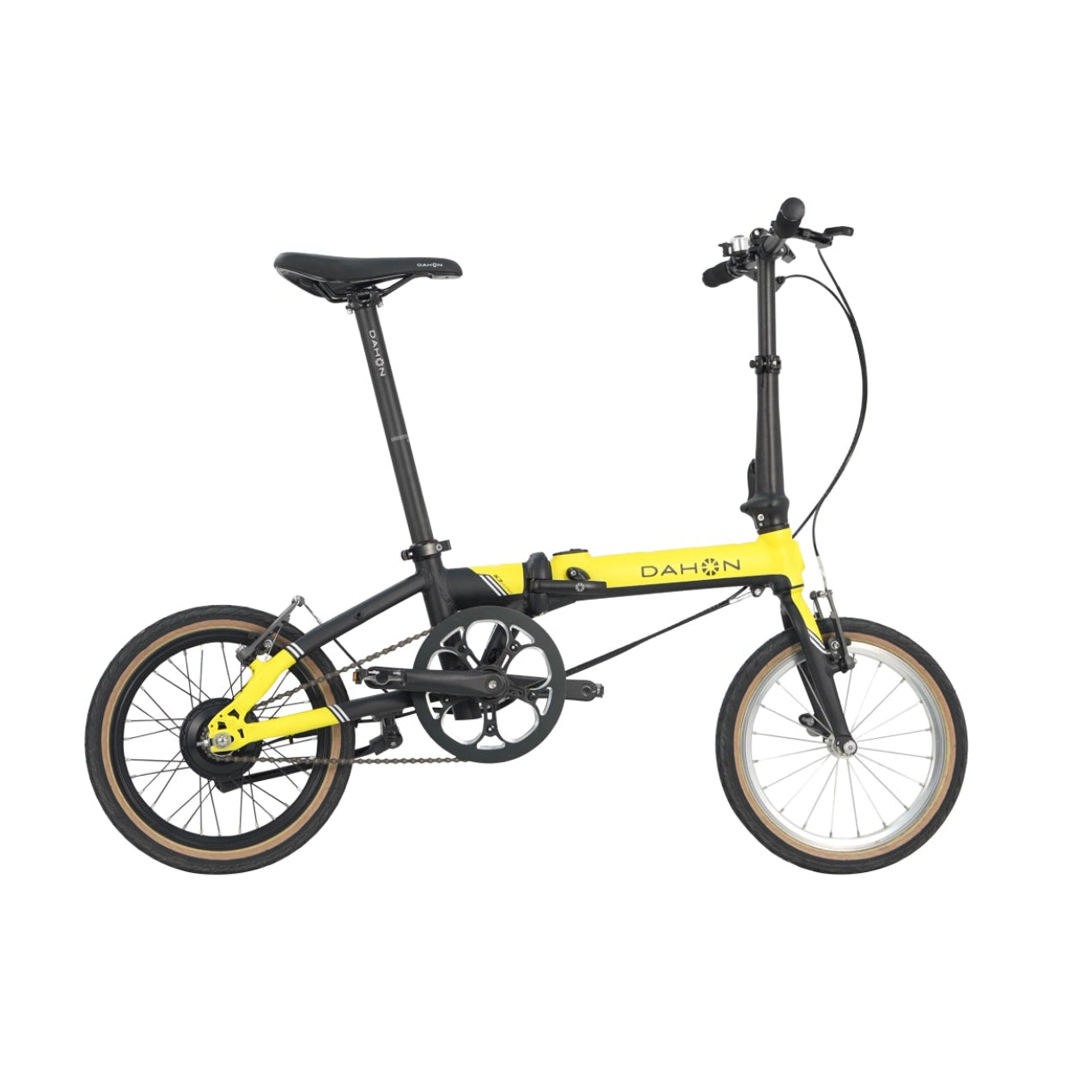 K-Feather - Bright yellow Dahon K-Feather folding e-bike with black accents and tan wheels on a white background. Product appearance.