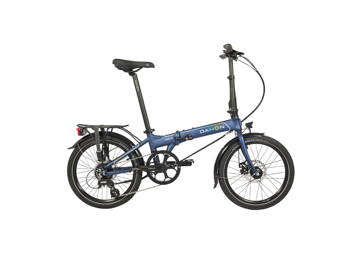 Launch D8 - Blue Dahon Launch D8 folding bicycle with disc brakes and rear rack, showcasing product appearance.