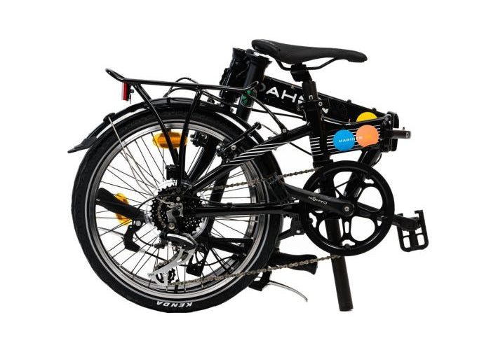 Mariner D8 - Black DAHON Mariner D8 folding bike, folded. Features Kenda tires, fenders, rear rack. White background.