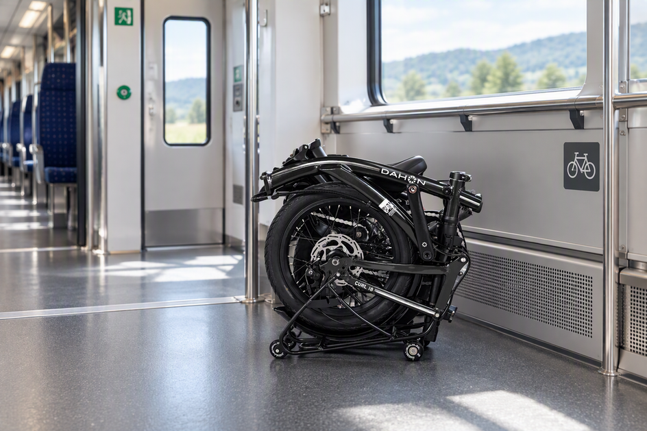Gefaltetes DAHON Curl i8 in einem Zug-Gepäckbereich als kompakte Aufbewahrungssituation
