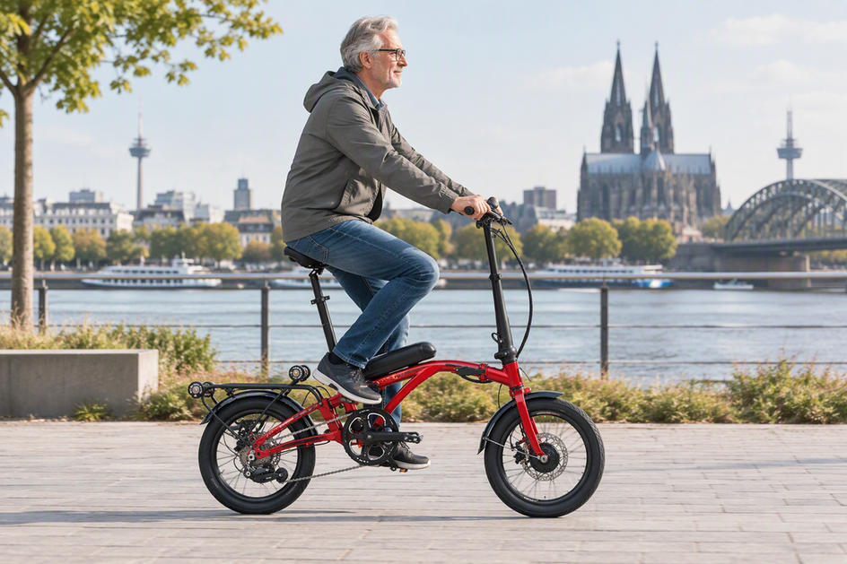Kompaktes E-Bike für eine ältere Person auf einem ruhigen Stadtweg