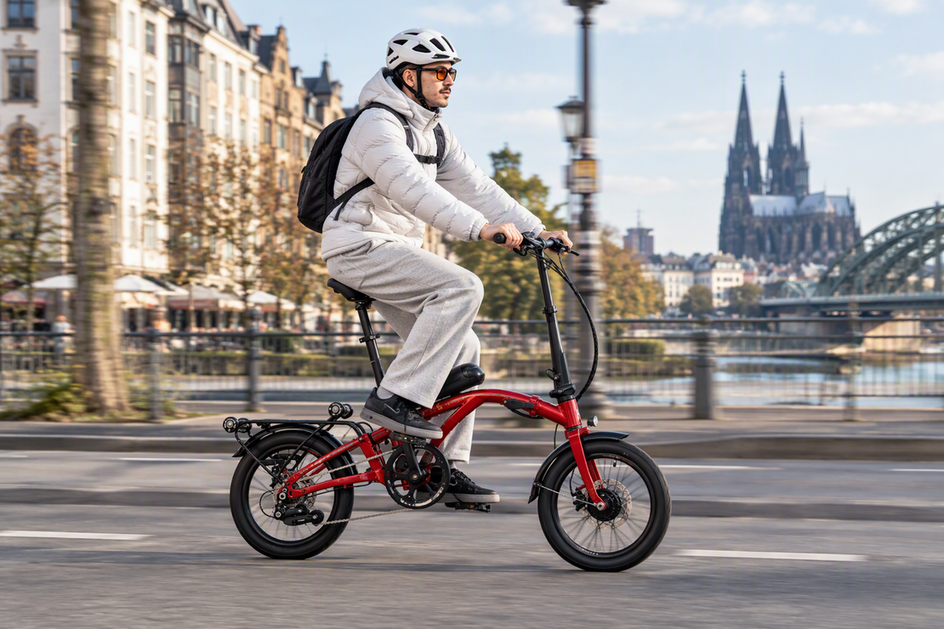 Eine Person fährt ein kompaktes E-Klapprad durch eine städtische Straße.
