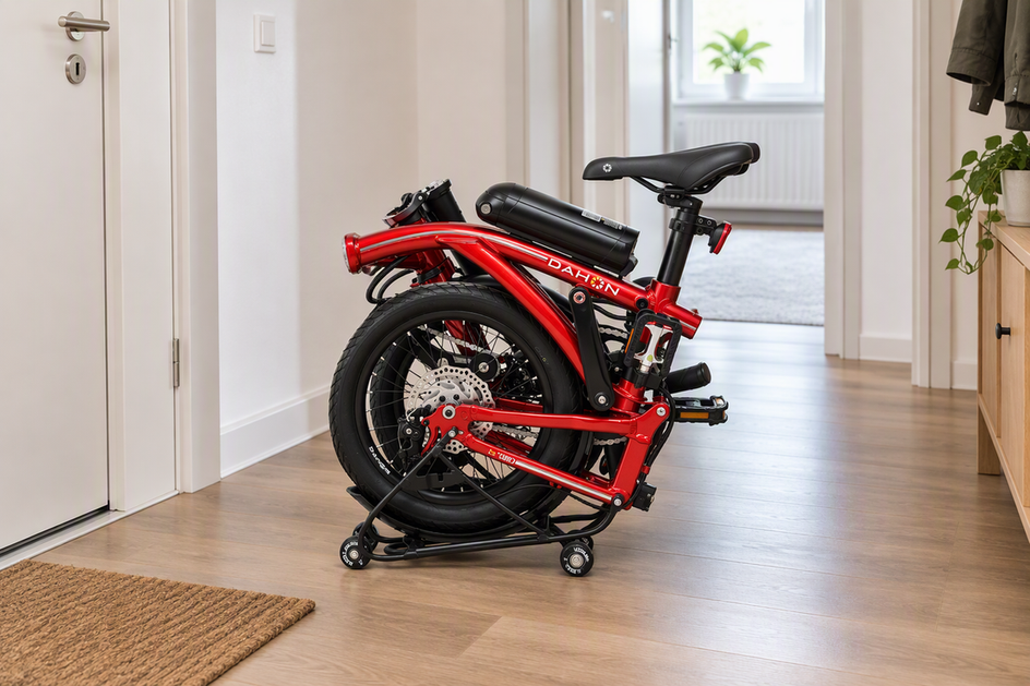 Kompaktes elektrisches Klapprad steht zusammengefaltet auf einer bodennahen Stellfläche in einem hellen Wohnungsflur.