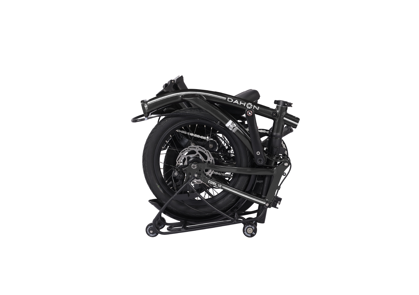 Black Dahon Curl i8 compact folding bike folded on a stand
