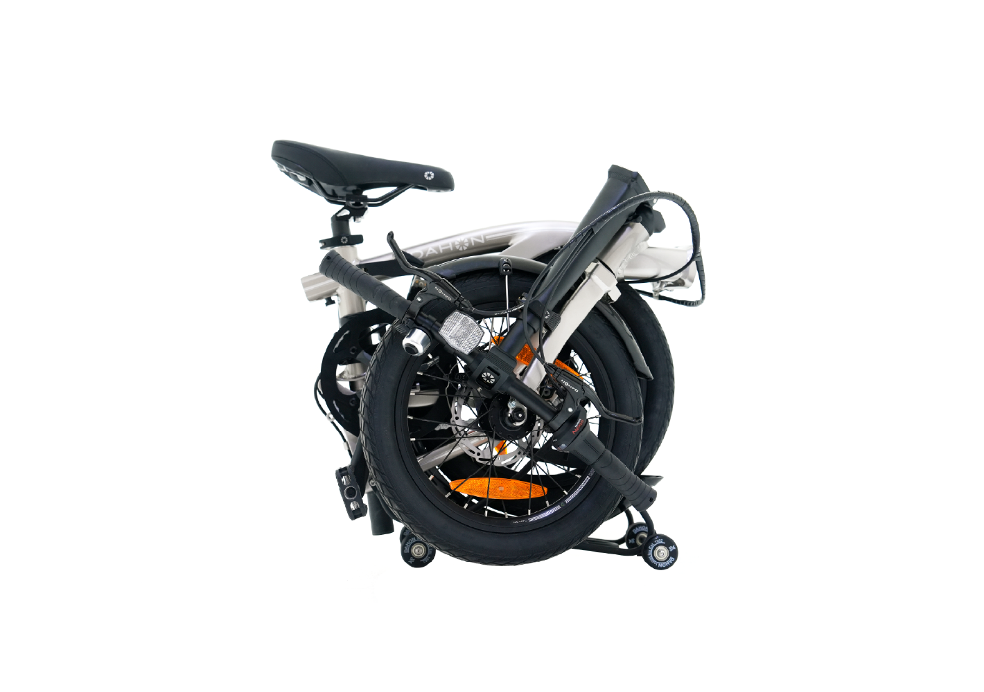 Compact folding bike folded with black frame, 16-inch wheels, saddle, and handlebars