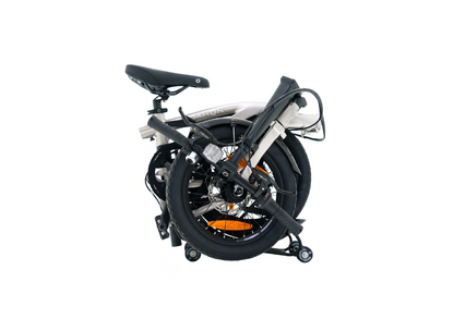 Compact folding bike folded with black frame, 16-inch wheels, saddle, and handlebars