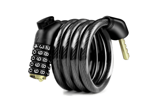 Black combination cable lock with 5-digit resettable wheels and a braided steel cable on product page.