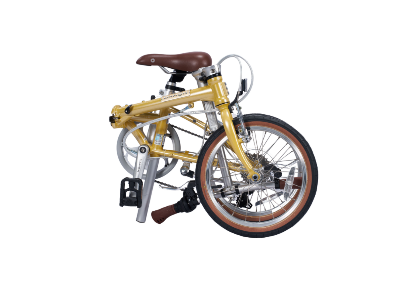 Boardwalk D7-16" folding bicycle in gold, featuring a brown leather saddle and grips, and tan-sidewalled wheels.