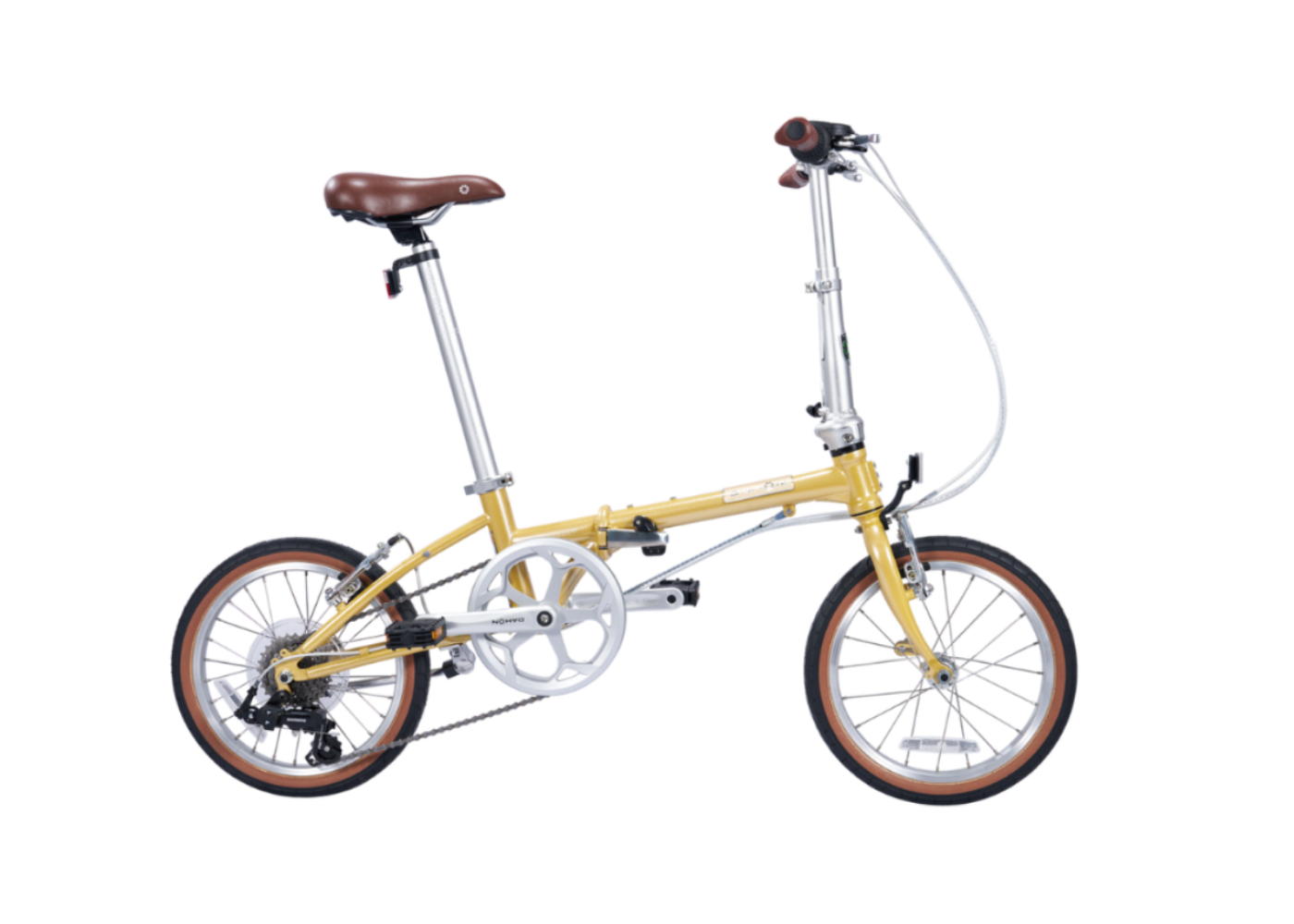 Boardwalk D7-16" folding bicycle in gold with brown leather seat, 16-inch wheels, and tan sidewalls.