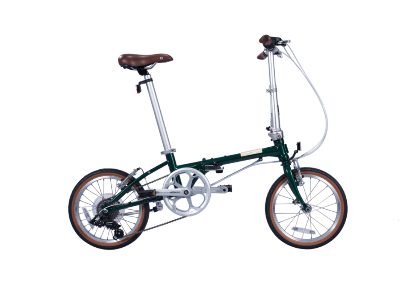 Dark green Boardwalk D7-16" folding bicycle with brown leather seat, 16-inch tan-sidewalled wheels, and silver accents.