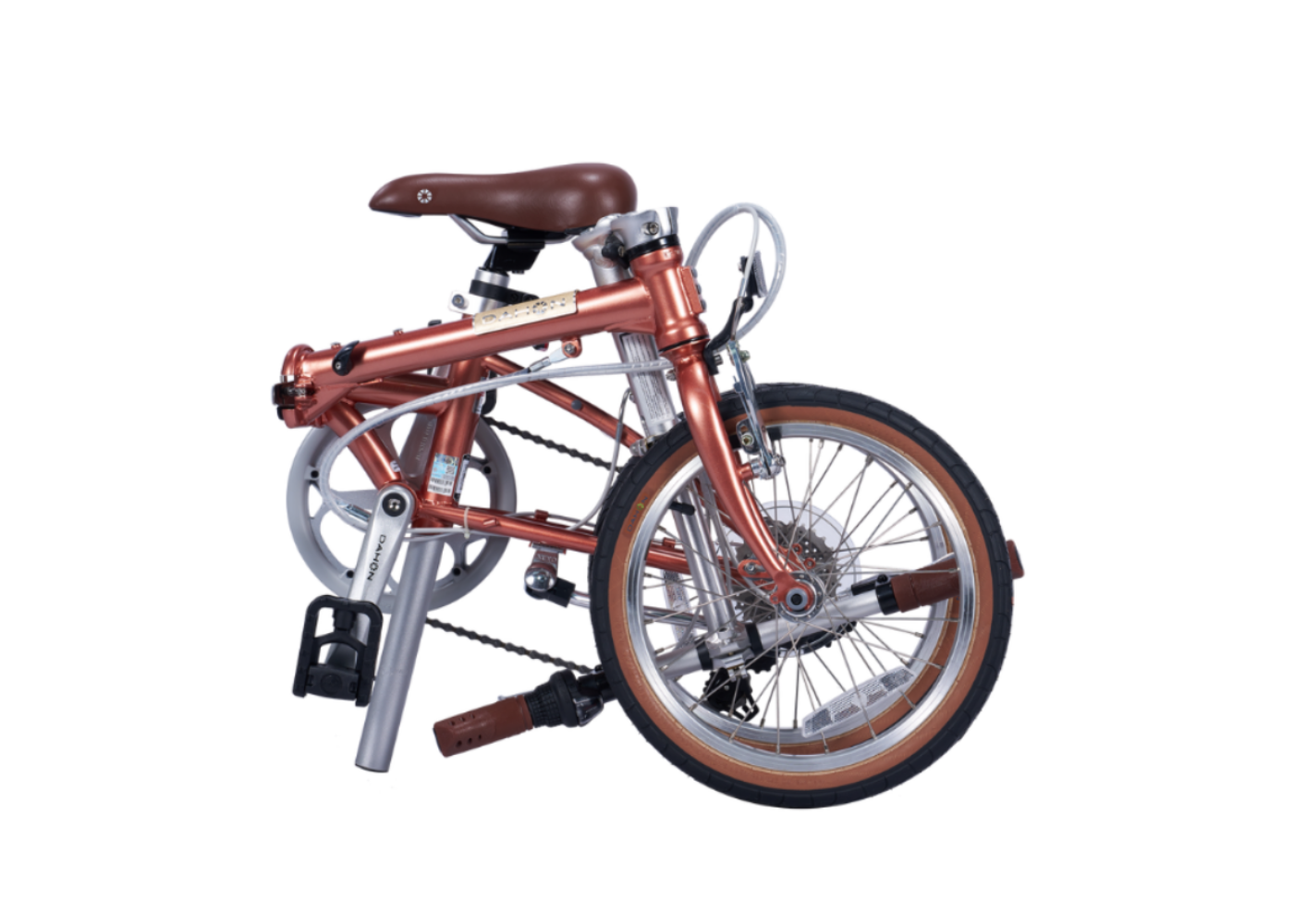 Boardwalk D7-16" folding bicycle in rose gold with brown leather seat, 16-inch wheels, and tan sidewalls, folded compact.