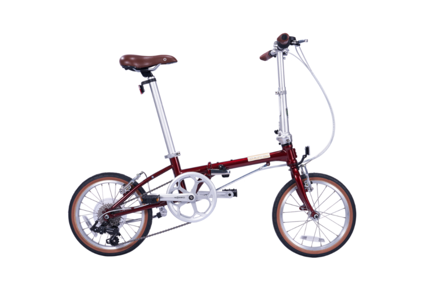 Boardwalk D7-16" folding bicycle in burgundy with brown leather seat, 16-inch wheels, and tan sidewalls.