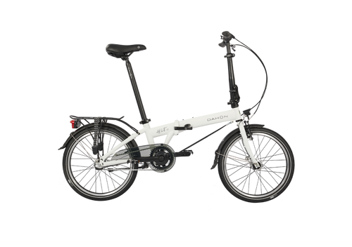 White Dahon HIT i3 folding bike with black seat, handlebars, and tires. Features rear rack and fender. Ideal for urban rides.