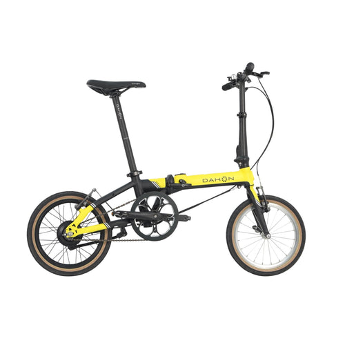 Bright yellow Dahon K-Feather folding e-bike with black accents and tan wheels on a white background. Product appearance.