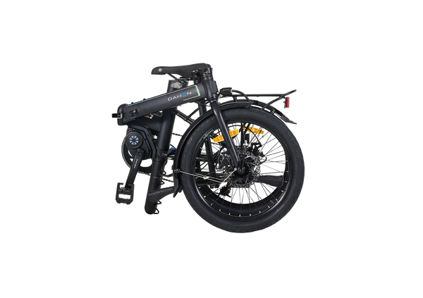 Folded black DAHON Unio E20 electric bike with mid-drive motor, showing compact portability.