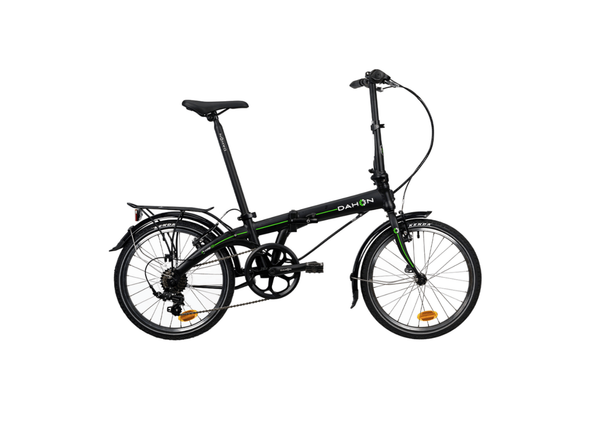 Black Dahon Vybe D7 folding bicycle with green accents, rear rack, fenders, and Kenda tires, showcasing product appearance.