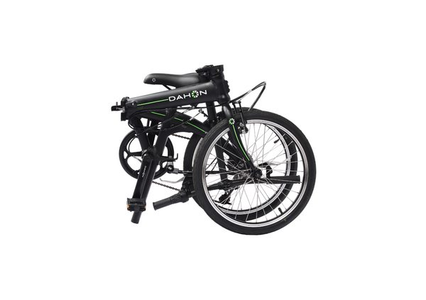 Black Dahon Vybe D7 folding bicycle with green accents, partially folded, showcasing product appearance.